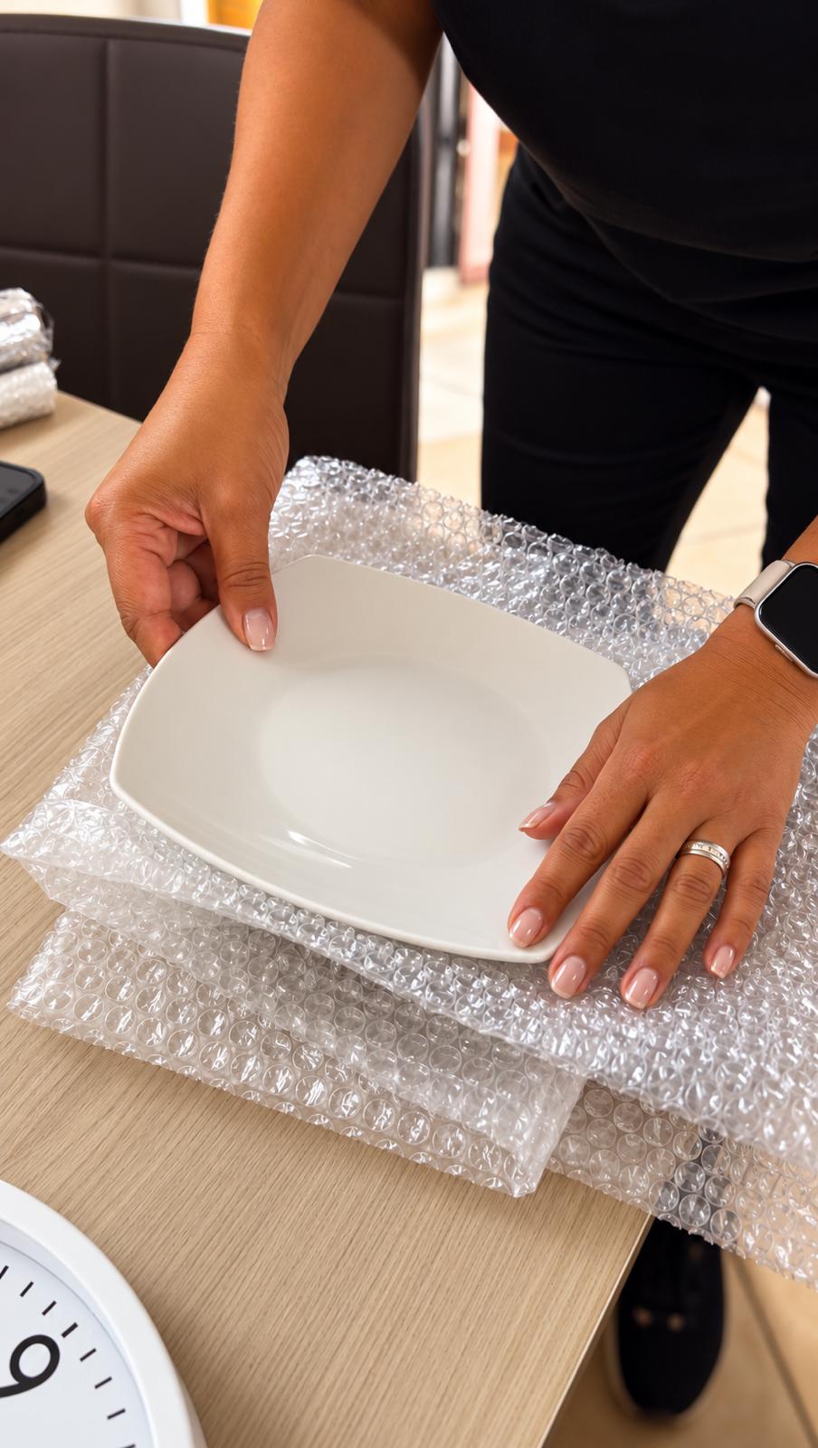 Prato de porcelana sendo embalado com plástico bolha