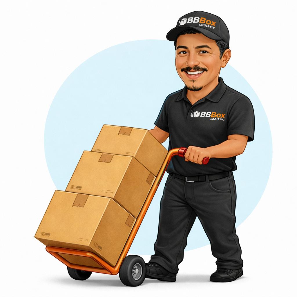 Mascote da BBBox Logistic carregando caixas em um carrinho