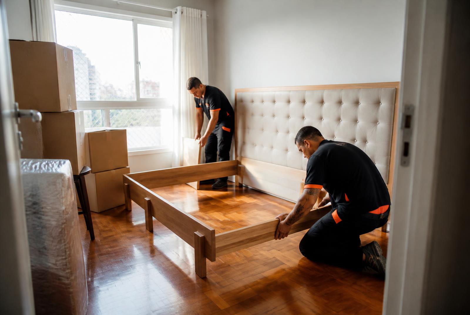 Equipe montando cama e entregando caixas em apartamento no Brasil
